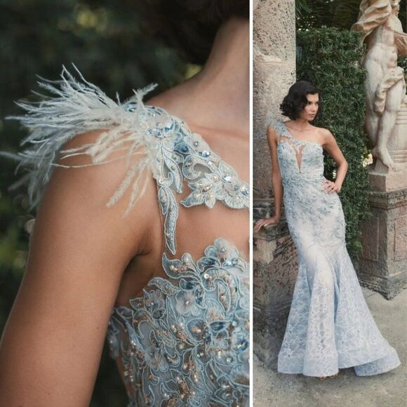 Mac Duggal Size 12 Light Blue Embroidered Feathered Trumpet Long Maxi Gown Dress - Picture 5 of 11